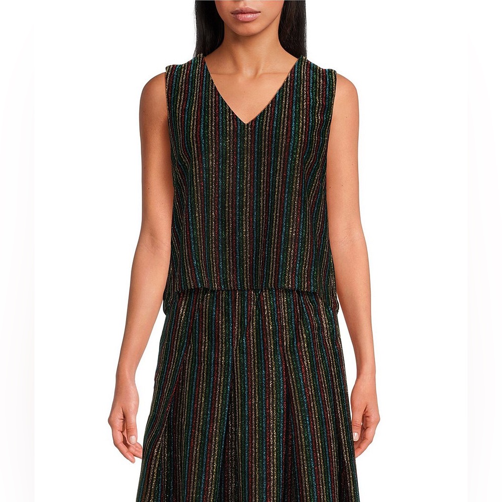 Nwt Buru Mod Brocade Woven Shimmer V-Neck Sleeveless Button Back Boxy Crop Top